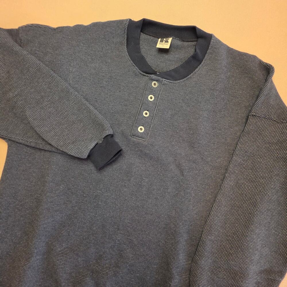 Russell Athletic VTG 90s Heavy Waffle-Knit Henley Sweatshirt Navy Sz XL USA Made